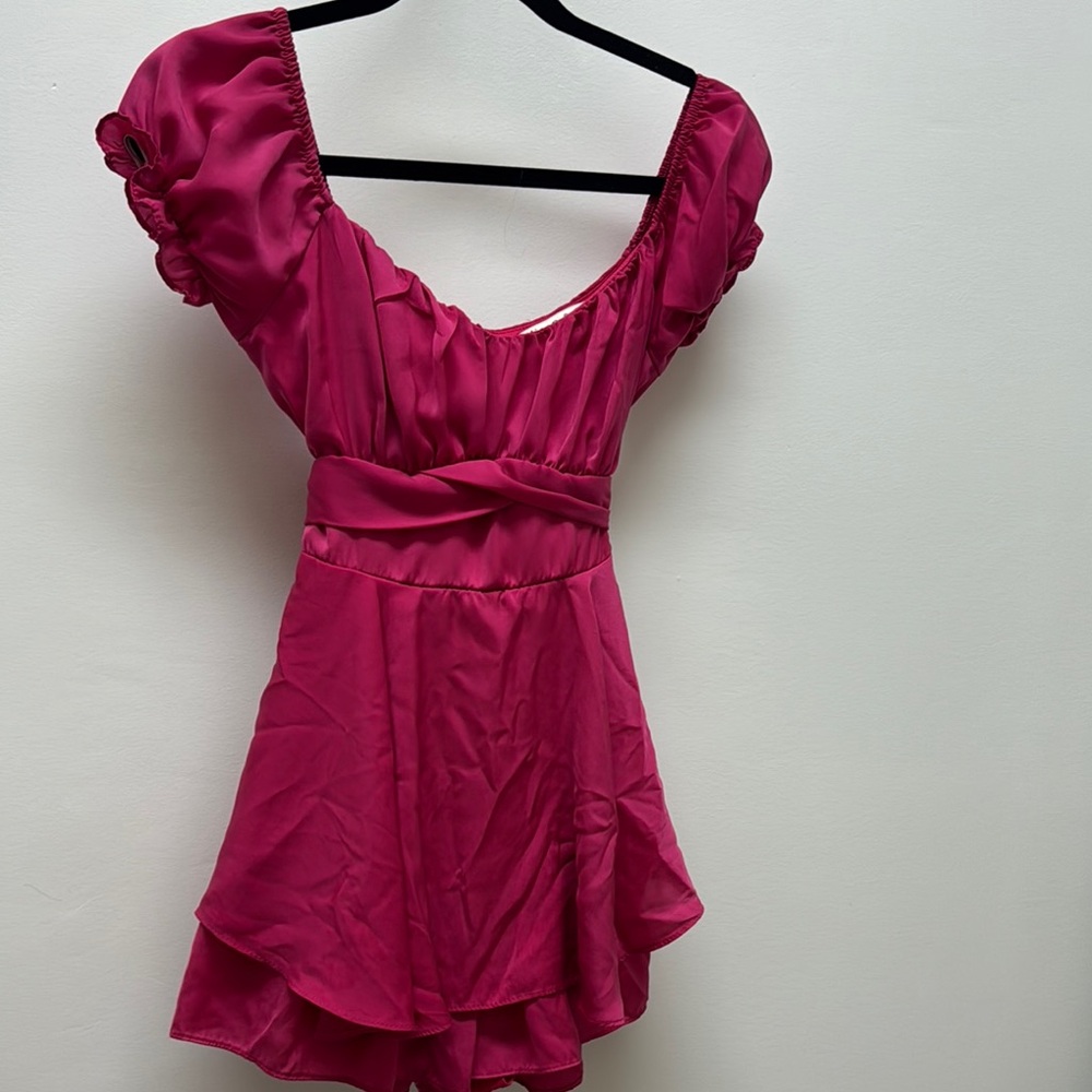 Pink Ruched Wrap Babydoll Mini Dress